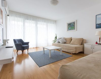 Living room with two sofa beds, armchair, TV, entrance to the terrace and big windows.