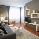 Living room with double sofa bed, tv, shelf with books and small decorations.