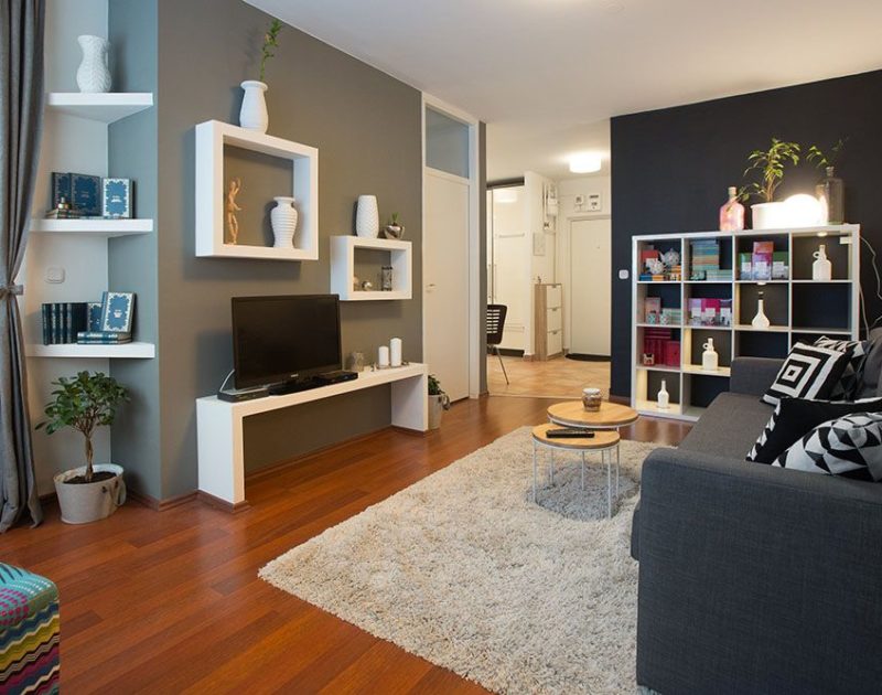 Living room with double sofa bed, armchair and shelf with books and decoration.